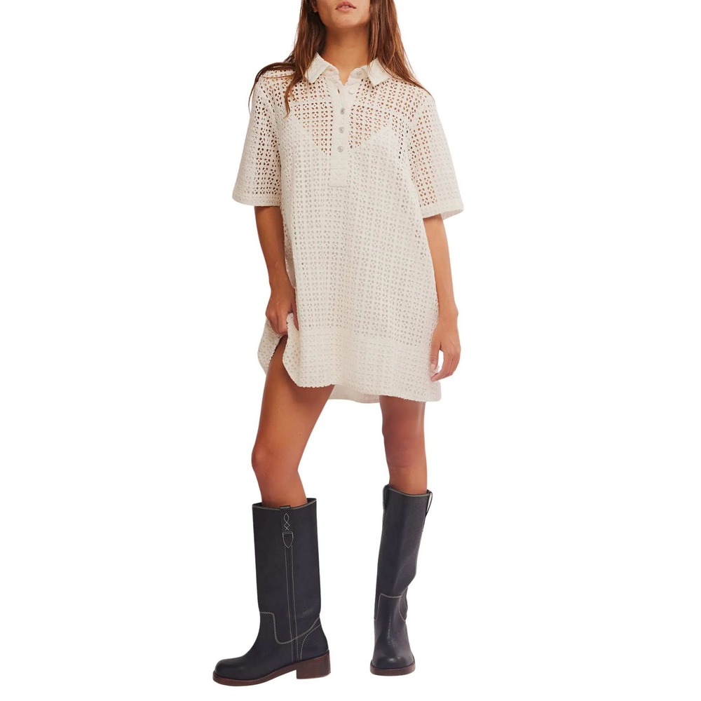 Free People Remino Eyelet Mini Dress Womens XL White Short Sleeve Button Boho